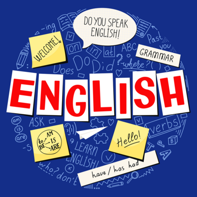 English Auf blauem Hintergrund steht die roten Großbuchstaben das Wort English. Um das Wort herum verschiedene Post-it Zettel und eine Sprechblase mit verschiedenen englischen Wörtern wie Welcome, Hello und mehr.